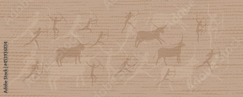 Elegant vector delicate background in beige tones with canvas texture and drawings in the style of Lascaux cave. Abstract background with contours of bulls and hunters with bows. Rock paintings.