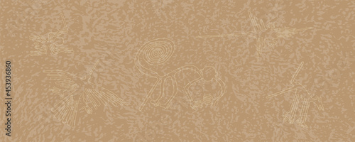 Elegant vector delicate background in beige tones with a texture of spots and drawings in the style of the Nazka lines plateau. Abstract background with animal contours: monkey, calibri, spider, dog.