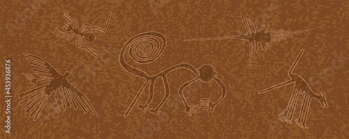 Photography Elegant vector bright background in orange-brown tones with texture of spots and drawings in style of the Nazka lines plateau