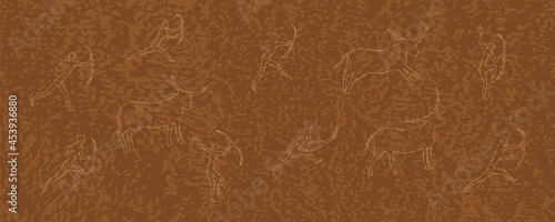 Elegant vector bright background in orange-brown tones with texture of spots and drawings in the style of Lascaux cave. Abstract background with contours of bulls and hunters with bows. Rock paintings