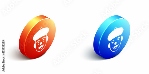 Isometric French mime icon isolated on white background. Orange and blue circle button. Vector