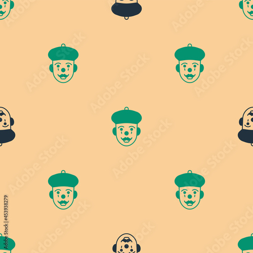Green and black French mime icon isolated seamless pattern on beige background. Vector