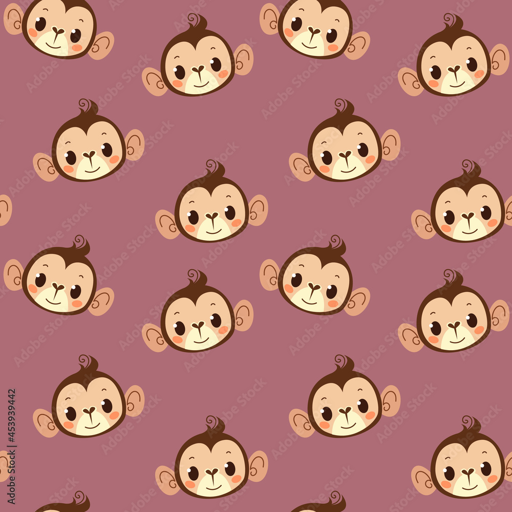 Seamless pattern with cute monkey avatar on a pink muted background. Children s pattern with an animal monkey. Cartoon vector illustration for printing on clothes, interiors and prints. Seamless pattern with cute monkey avatar on a pink muted background. Children s pattern with an animal monkey. Cartoon vector illustration for printing on clothes, interiors and prints.