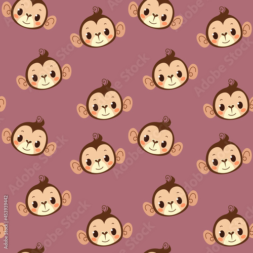 Seamless pattern with cute monkey avatar on a pink muted background. Children s pattern with an animal monkey. Cartoon vector illustration for printing on clothes, interiors and prints.