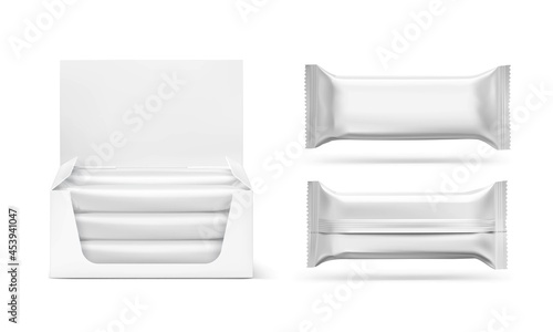 Show box blank mockup with set of  sachet packaging or flow pack in the  food, cosmetic and hygiene. Vector illustration on white background. Ready for your design. EPS10.