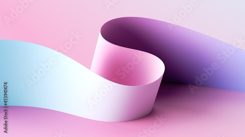 3d render. Abstract minimal pastel pink background with folded paper scroll, curvy ribbon edge