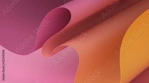 Fototapeta Naklejka Na Ścianę i Meble -  3d render, abstract minimal background with paper waves, modern wallpaper with yellow pink gradient, wavy folds