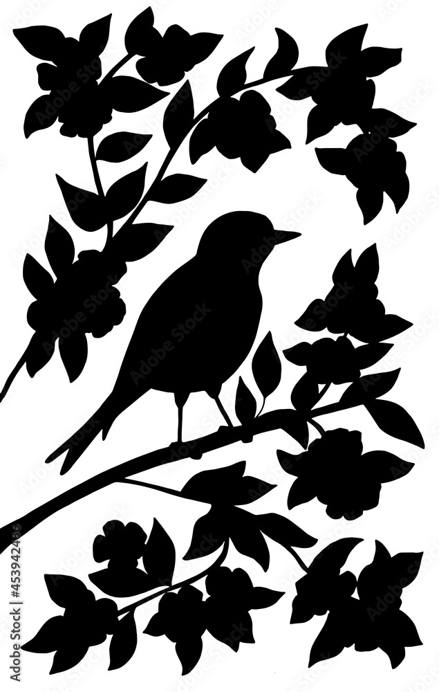 Black silhouette of a bird on a branch on a white background