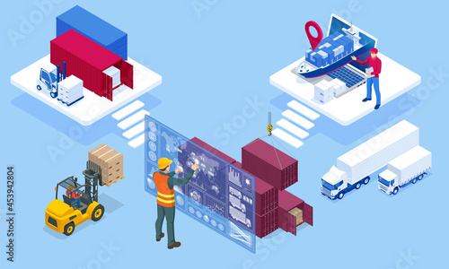 Global logistics network isometric illustration. Air cargo trucking rail transportation maritime shipping On-time delivery Vehicles designed to carry large numbers of cargo