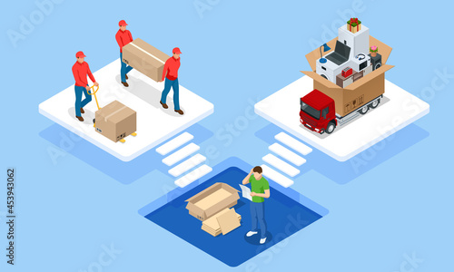 Global logistics network isometric illustration. Isometric Logistics and Delivery concept. Delivery home and office. City logistics. Warehouse, truck, forklift, courier. On-time delivery