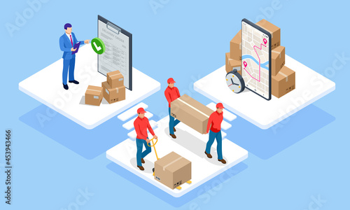 Global logistics network isometric illustration. Isometric Logistics and Delivery concept. Delivery home and office. City logistics. Warehouse, truck, forklift, courier. On-time delivery