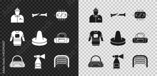 Set Hockey coach, Human broken bone, table, Sport bag, Air horn, Ice hockey goal, jersey and Mallet for playing air icon. Vector
