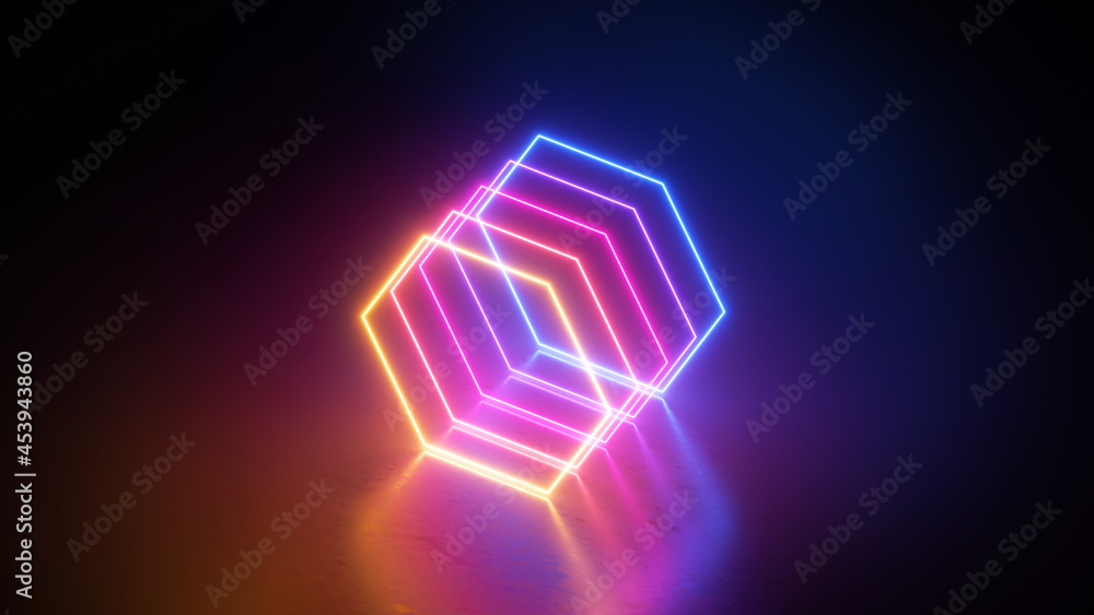 3d render, abstract geometric background with neon hexagonal shapes, colorful glowing lines