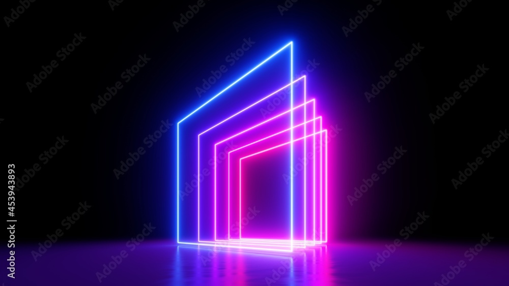 3d render. Abstract neon geometric background with pink and blue lines glowing in ultraviolet spectrum