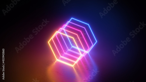 Fototapeta Naklejka Na Ścianę i Meble -  3d render, abstract geometric background with neon hexagonal shapes, colorful glowing lines