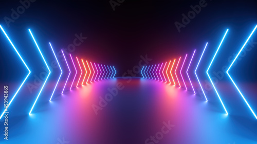 Fototapeta Naklejka Na Ścianę i Meble -  3d render, abstract geometric background with neon glowing arrows, forward direction concept