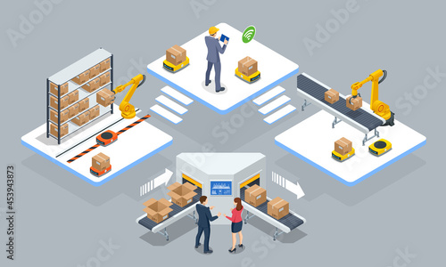 Global logistics network isometric illustration. Isometric Logistics and Delivery concept. Delivery home and office. City logistics. Warehouse, truck, forklift, courier. On-time delivery