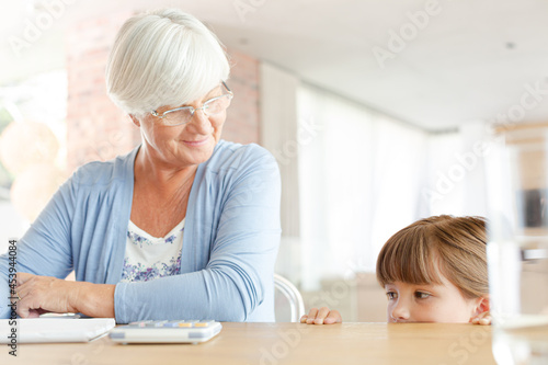 Older woman and granddaughter using calculator