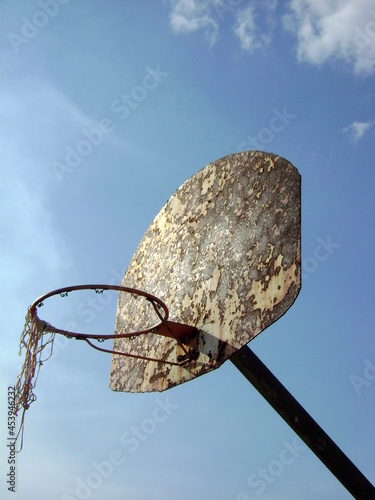 rusted basketball hoop against sky
