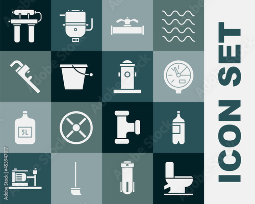 Set Toilet bowl, Bottle of water, Water meter, Industry pipe and valve, Bucket, Pipe adjustable wrench, filter and Fire hydrant icon. Vector
