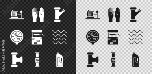 Set Electric water pump, Rubber gloves, Industry metallic pipe, and valve, Container with drain cleaner, Water meter and Well icon. Vector