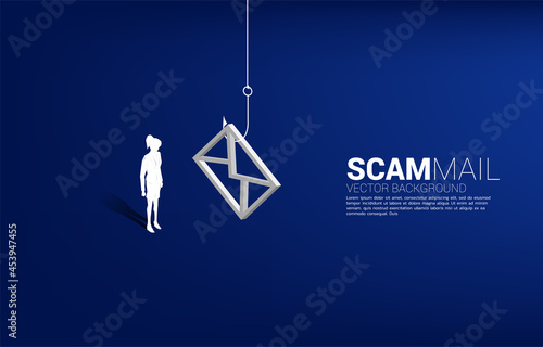 Silhouette of businesswoman standing with fishing hook with email icon. Concept of scam mail and phishing.