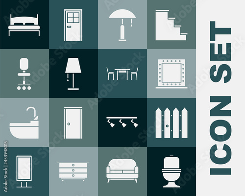 Set Toilet bowl, Garden fence wooden, Makeup mirror with lights, Table lamp, Office chair, Big bed and Wooden table icon. Vector
