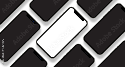 Smartphone collage with blank screen front view
