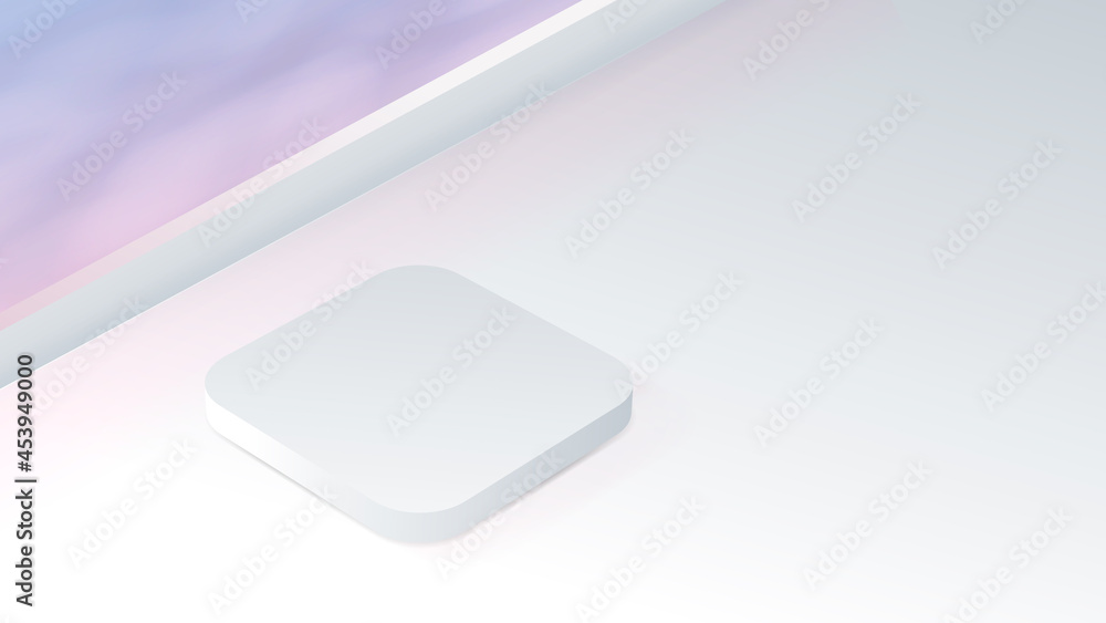 White podium near window in isometric scene. 3d render White podium near window in isometric scene. 3d render