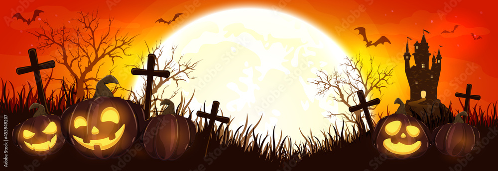 Orange Banner with Moon and Halloween Pumpkins