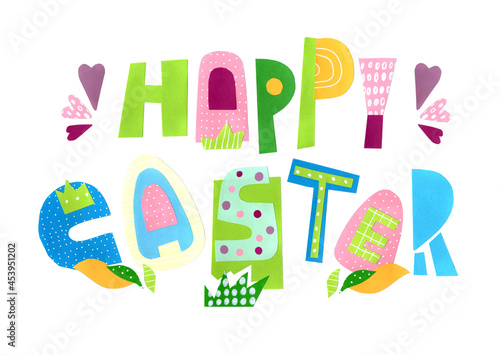 Happy Easter lettering. Patterns of lines and dots. The letters are cut from pastel paper and pasted on a white background.