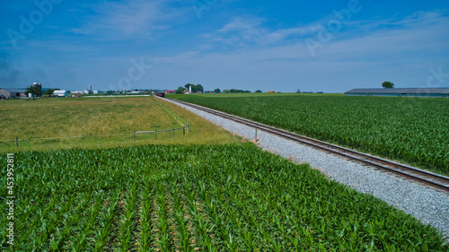 Foto Aerial View of Thomas the Tank Engine Approaching Thru Trees and Farmlands Pulli