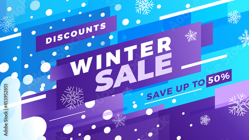 Winter sale Offer advertising. Blue and violet template to use in your design as a flyer, print or banner. Save up to 50% off. Horizontal composition.