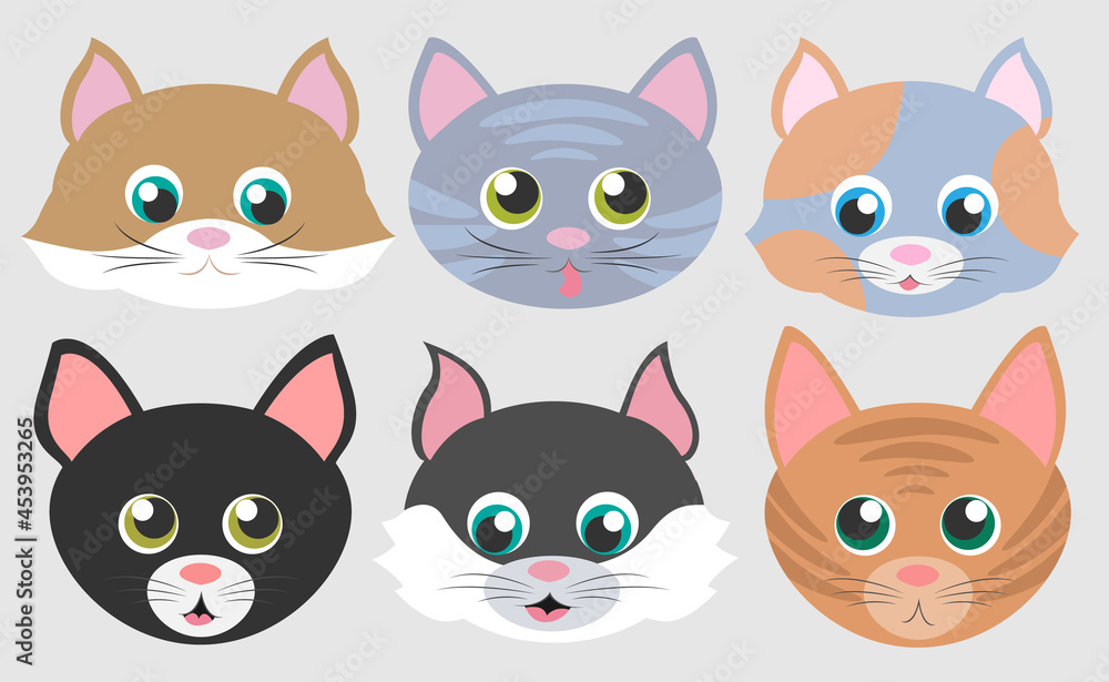 Vector set of realistic cat faces isolated on gray background. Cartoon emotional muzzles of cats. Red, gray, striped, spotted, black, black and white, brown cats. Different breeds. Vector set of realistic cat faces isolated on gray background. Cartoon emotional muzzles of cats. Red, gray, striped, spotted, black, black and white, brown cats. Different breeds.