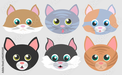 Vector set of realistic cat faces isolated on gray background. Cartoon emotional muzzles of cats. Red  gray  striped  spotted  black  black and white  brown cats. Different breeds.