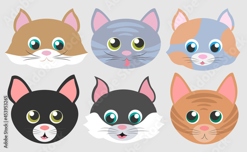 Vector set of realistic cat faces isolated on gray background. Cartoon emotional muzzles of cats. Red, gray, striped, spotted, black, black and white, brown cats. Different breeds.