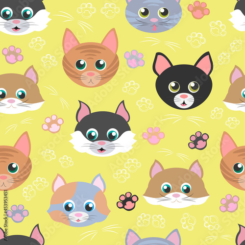 Vector seamless pattern with muzzles of cats of different breeds isolated on yellow background. Cartoon childish illustration with emotional faces and paws of cats. Black, red, spotted, striped cats.