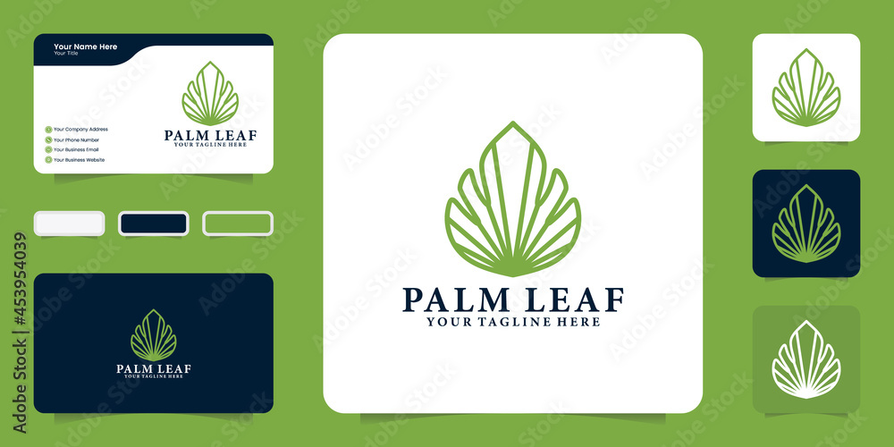palm leaf logo in elegant and luxurious line style with business card inspiration