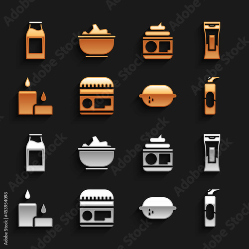 Set Cream or lotion cosmetic tube, Bottle of shampoo, Spray can for hairspray, Lemon, Burning candle, with milk and Sea salt bowl icon. Vector