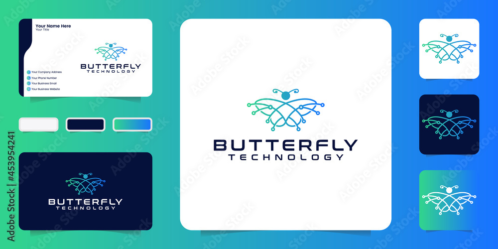 Butterfly technology logo design inspiration with connecting lines and business cards