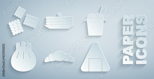 Set Croissant, Asian noodles and chopsticks, Khinkali on cutting board, Onigiri, Stack of pancakes and Cracker biscuit icon. Vector