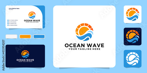 beach waves and sunset logo design with business card
