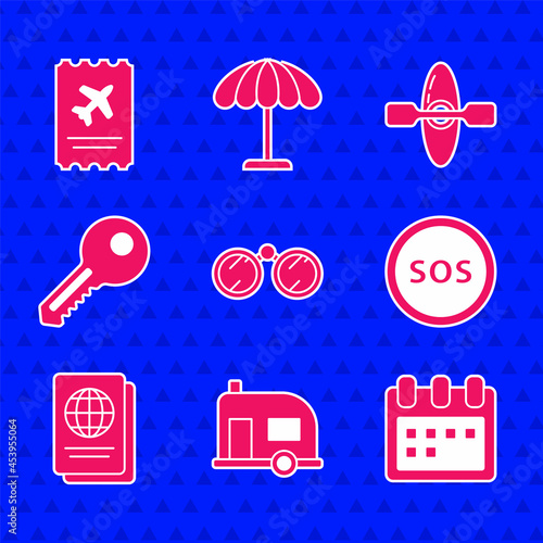 Set Binoculars, Rv Camping trailer, Calendar, Location with SOS, Passport, Key, Kayak canoe and Airline ticket icon. Vector