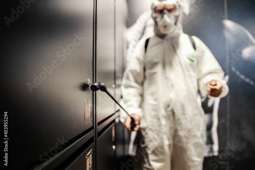 Close-up shot of an isolated sprayer for cleaning and disinfecting the coronavirus area in a fitness dressingroom. COVID19 prevention, pandemic situation, social distance, new normal