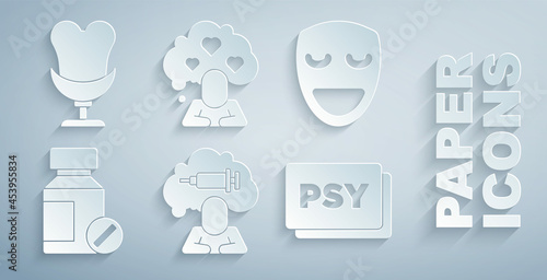 Set Addiction to the drug, Comedy theatrical mask, Sedative pills, Psychology, Psi, Broken heart or divorce and Armchair icon. Vector
