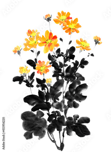 水墨画技法で描かれた小菊