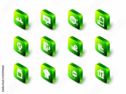 Set Online ordering burger delivery, and, Paper glass, Fast by car, Food and Chef hat icon. Vector