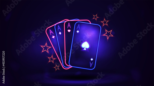Pink and blue shine neon Casino playing cards in dark empty scene