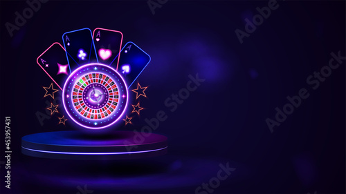 Podium with shine neon Casino Roulette wheel with playing cards in dark empty scene.