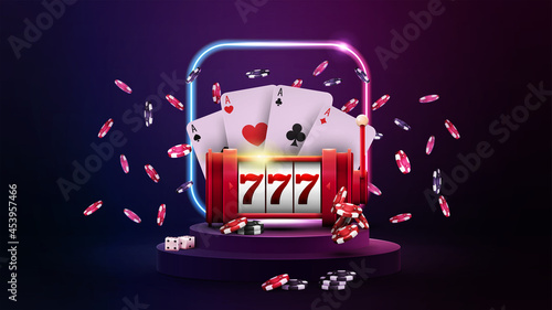 Podium with casino red slot machine, poker chips, playing cards and gradient neon square frame in dark empty scene.